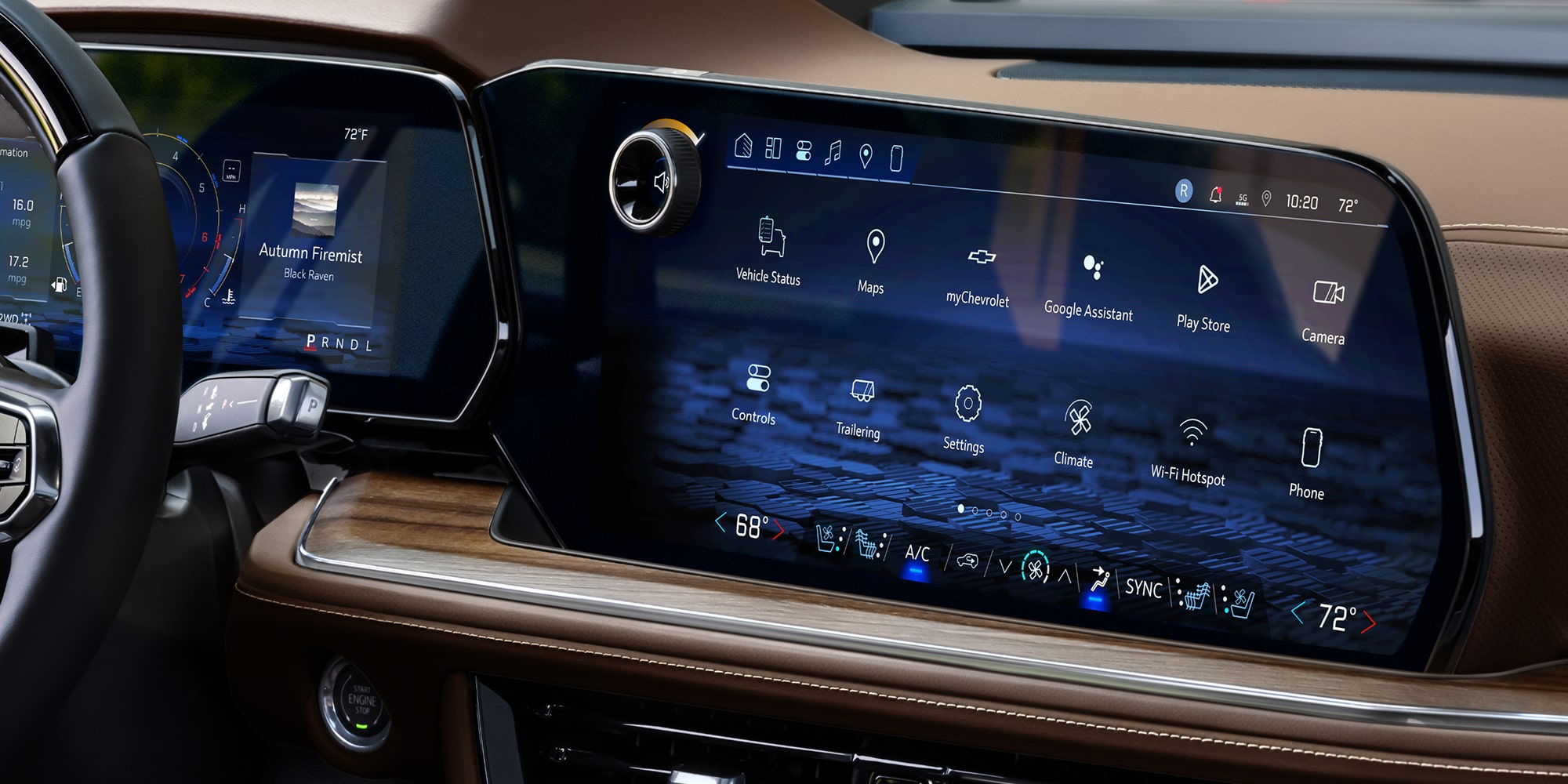 The Digital Dashboard of a Chevrolet Suburban Displaying Navigation, Vehicle Information, and Infotainment Controls on a Wide Touchscreen.