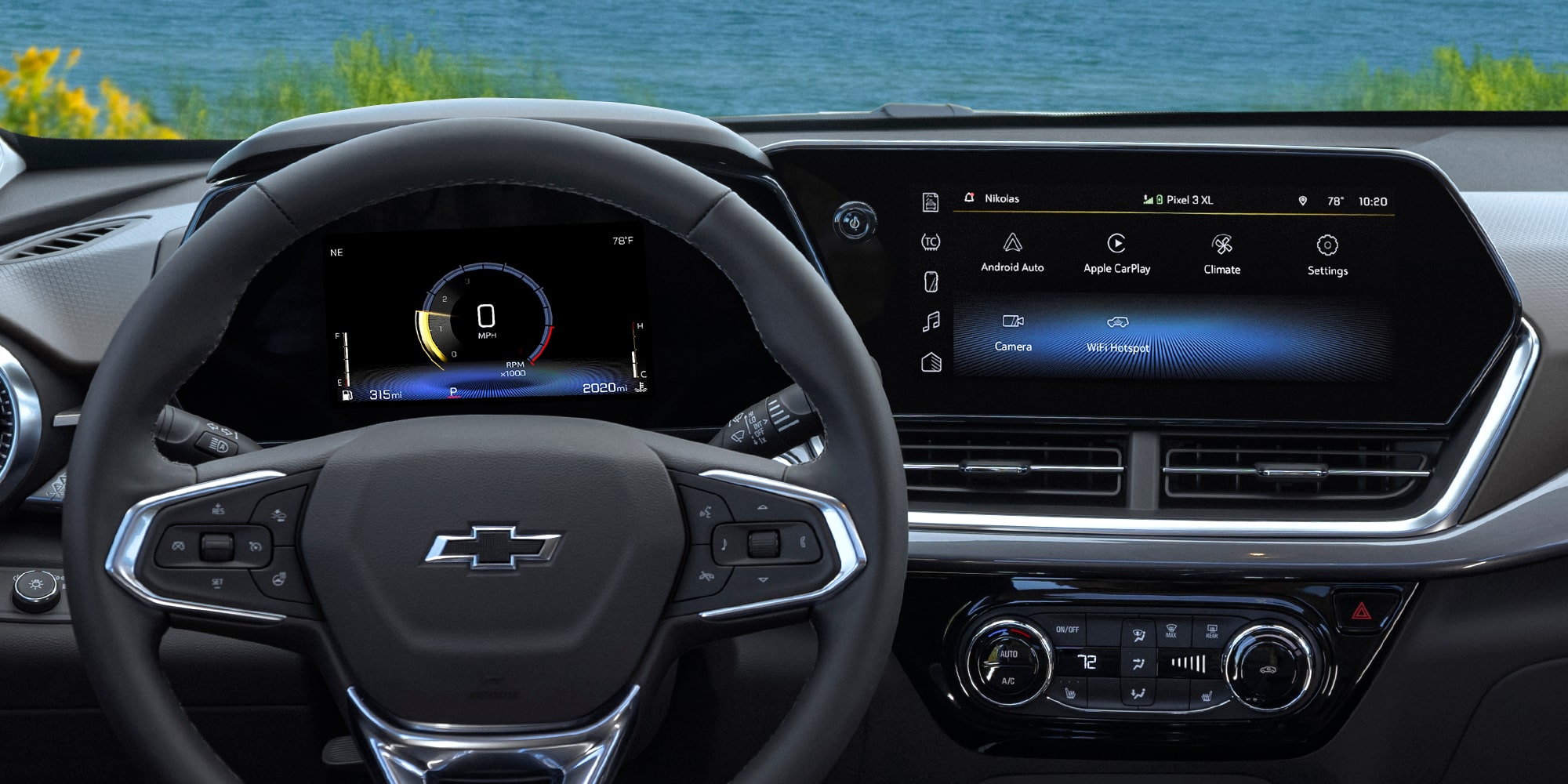 The Steering Wheel and Dashboard of a Chevrolet Trax Displaying Its Digital Instrument Cluster and Infotainment System