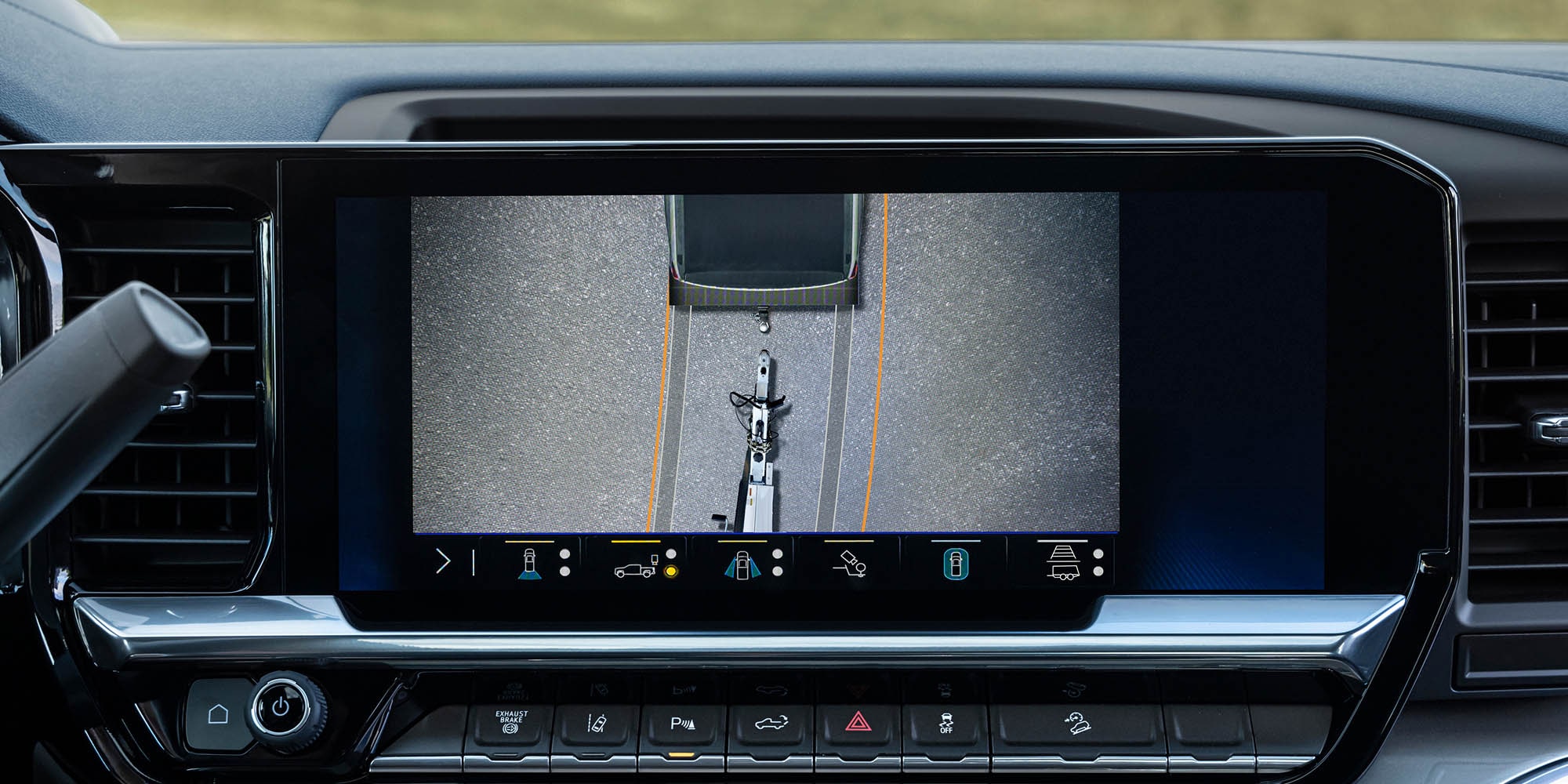 Available Rear Top-Down camera view shows the area around the rear of the truck and trailer.