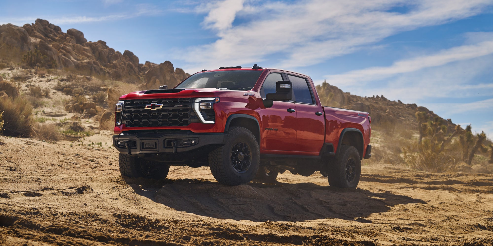 Silverado 2500 HD ZR2 in Red Hot with available Bison Edition and additional features.