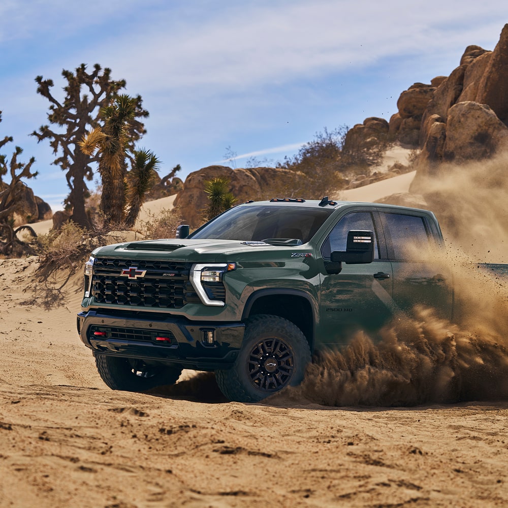 Three-Quarters View of a 2026 Silverado HD with ZR2 Trim in the Desert