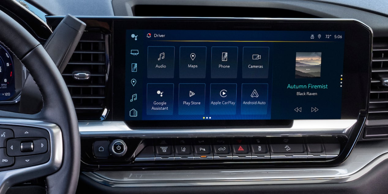A Close-Up View of the Chevy Silverado HD Center Touchscreen Displaying the Vehicle Infotainment System With Navigation, Media, and Connectivity Controls