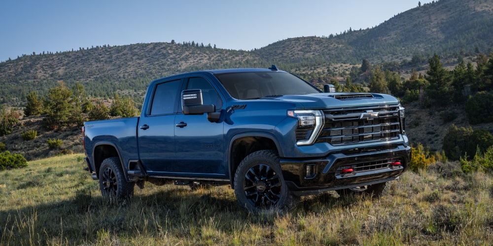 A Blue Chevy Silverado HD Parked in a Grassy Field Surrounded by Low Vegetation With Mountains and a Clear Sky in the Background