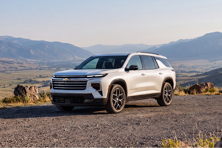 Front Three-Quarter View of a White Chevrolet Traverse High Country Parked on a Scenic Mountain Overlook With Desert Terrain, Rocky Landscape, and Distant Mountain Ranges in the Background.