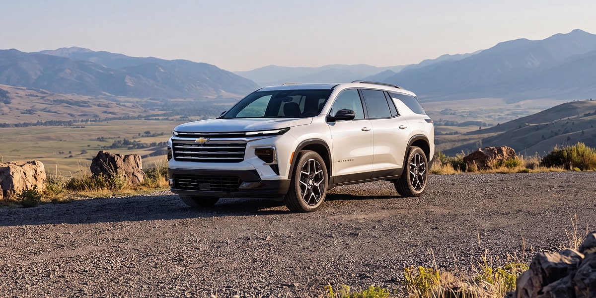Front Three-Quarter View of a White Chevrolet Traverse High Country Parked on a Scenic Mountain Overlook With Desert Terrain and Mountain Peaks in the Background.