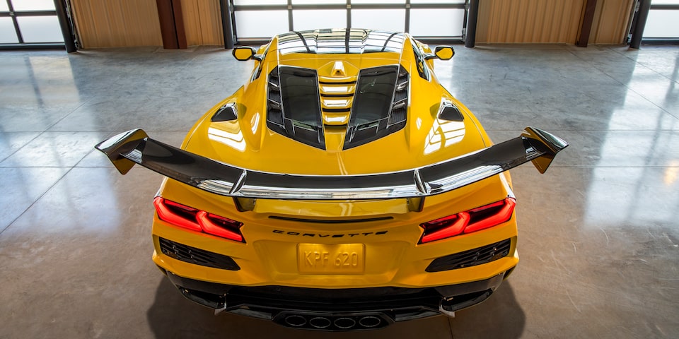 Rear View of a Yellow Chevy Corvette ZR1 in a Garage