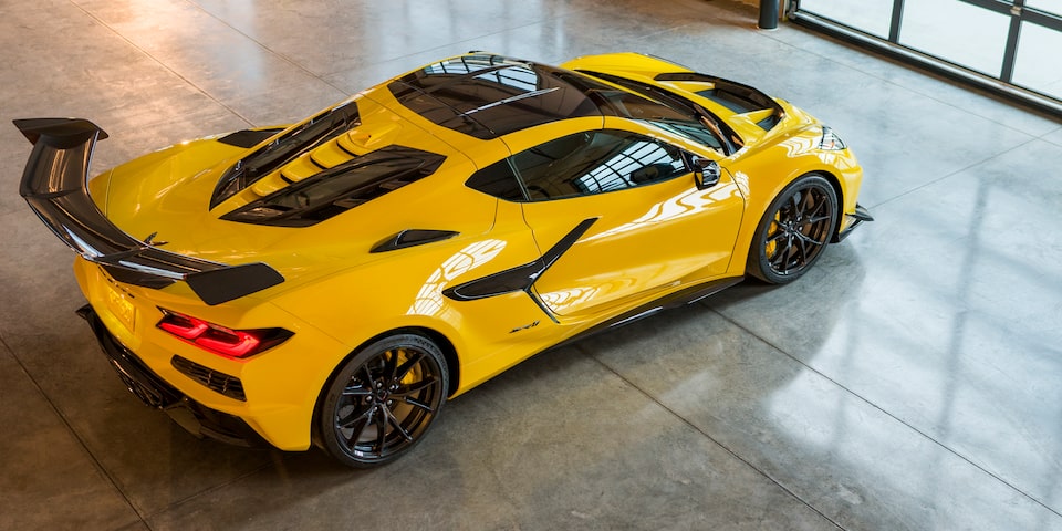 Top Three Quarters Rear View of a Yellow Chevy Corvette ZR1