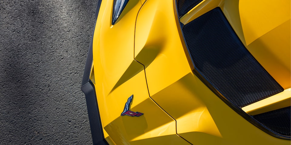 Close-up of the Front Hood of a Yellow Chevy Corvette ZR1