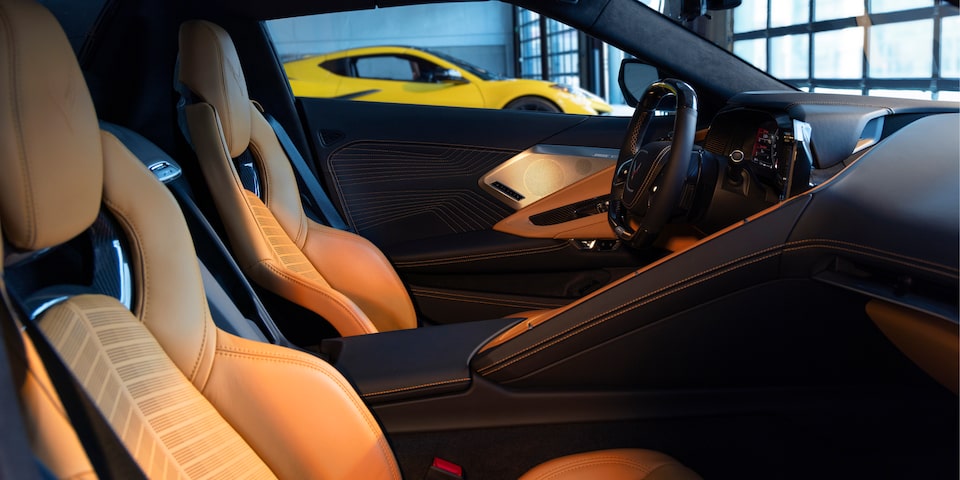 Side View of the Front Interior of a Chevy Corvette ZR1 with Sunlight Coming Through