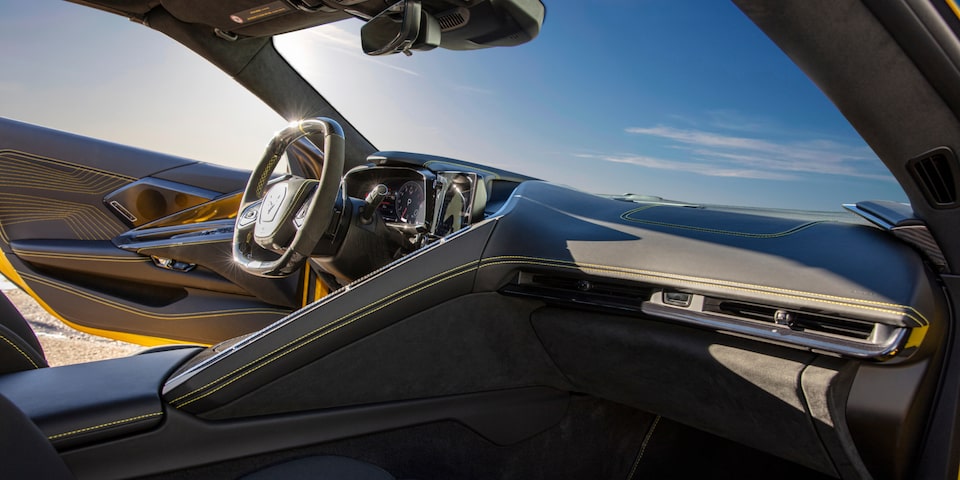 Front Seat View of the Interior of a Chevy Corvette ZR1 on a Under a Sunny Sky