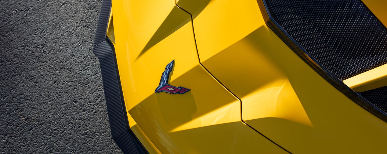 Close-up of the Front Hood of a Yellow Chevy Corvette ZR1