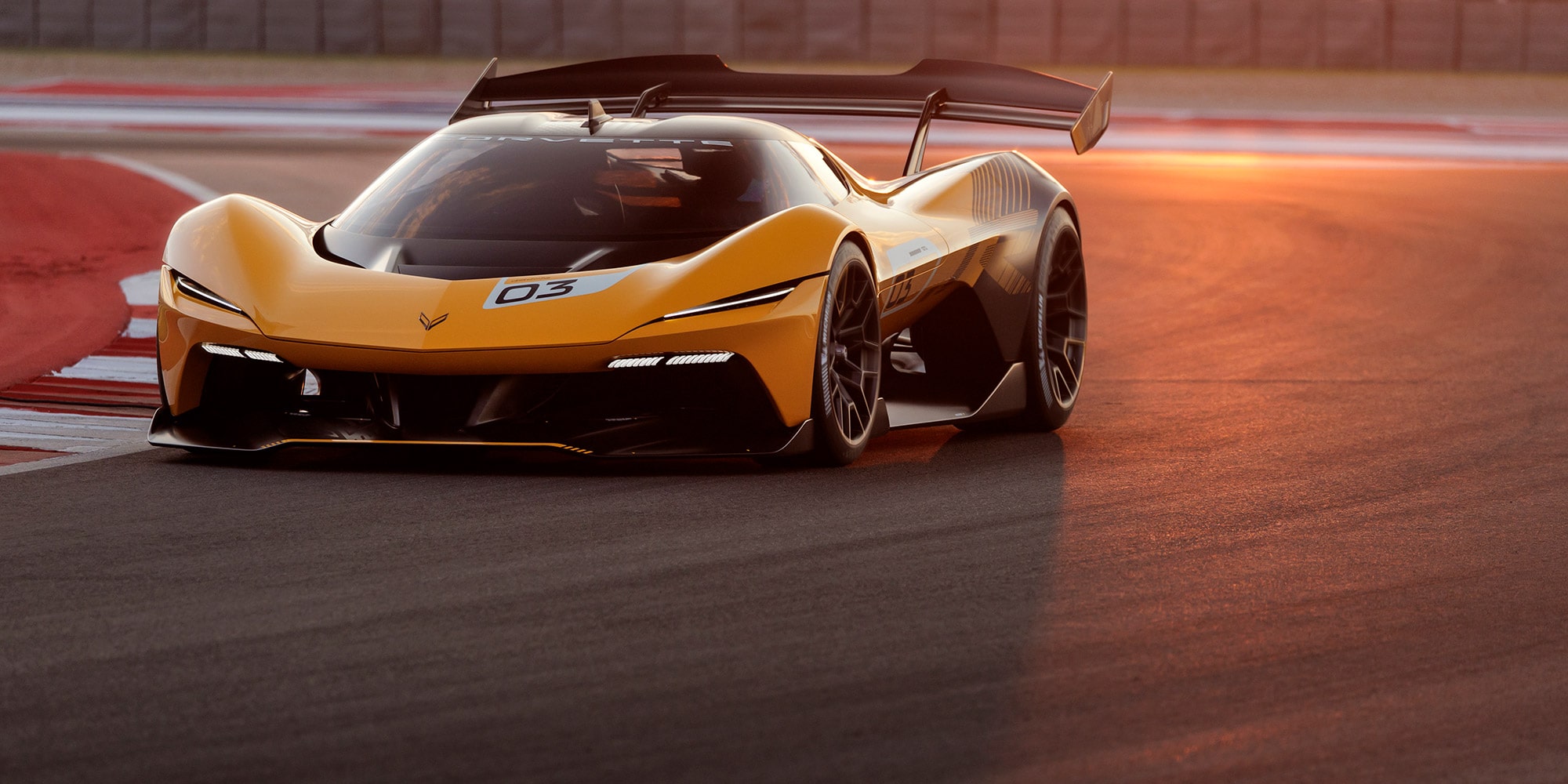 Front driver side view of a 2026 Corvette CX.R on a track