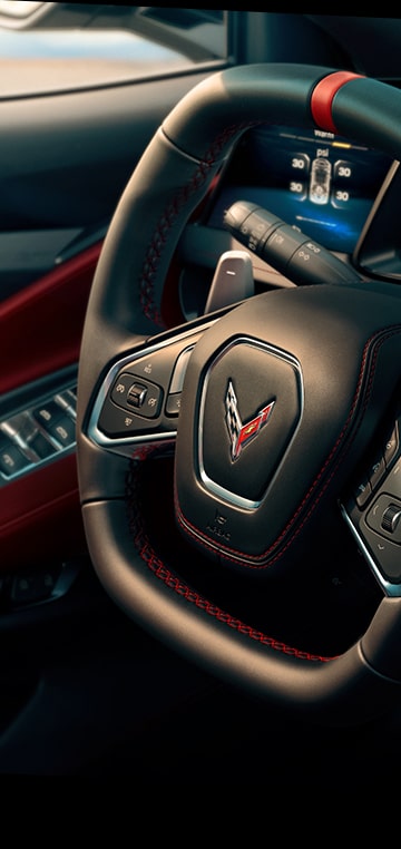 Close-Up View of the Steering Wheel Inside the 2026 Chevy Corvette