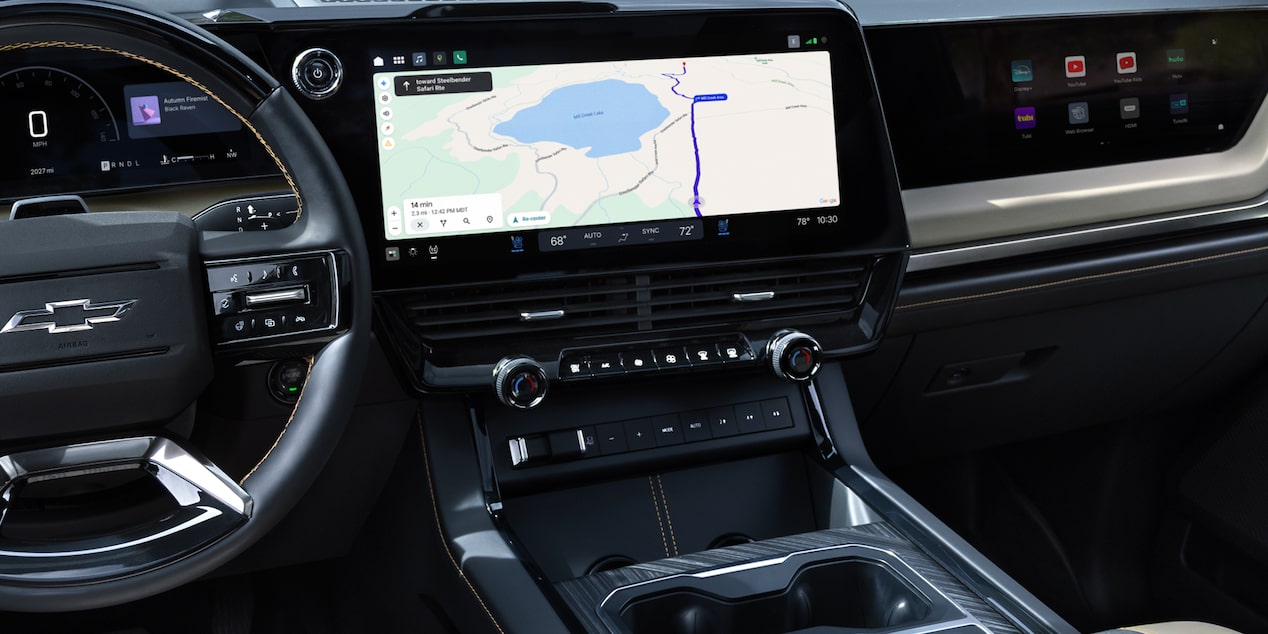 Close-up of the 2027 Chevy Silverado 1500 Infotainment Screen Displaying Navigation Being Used