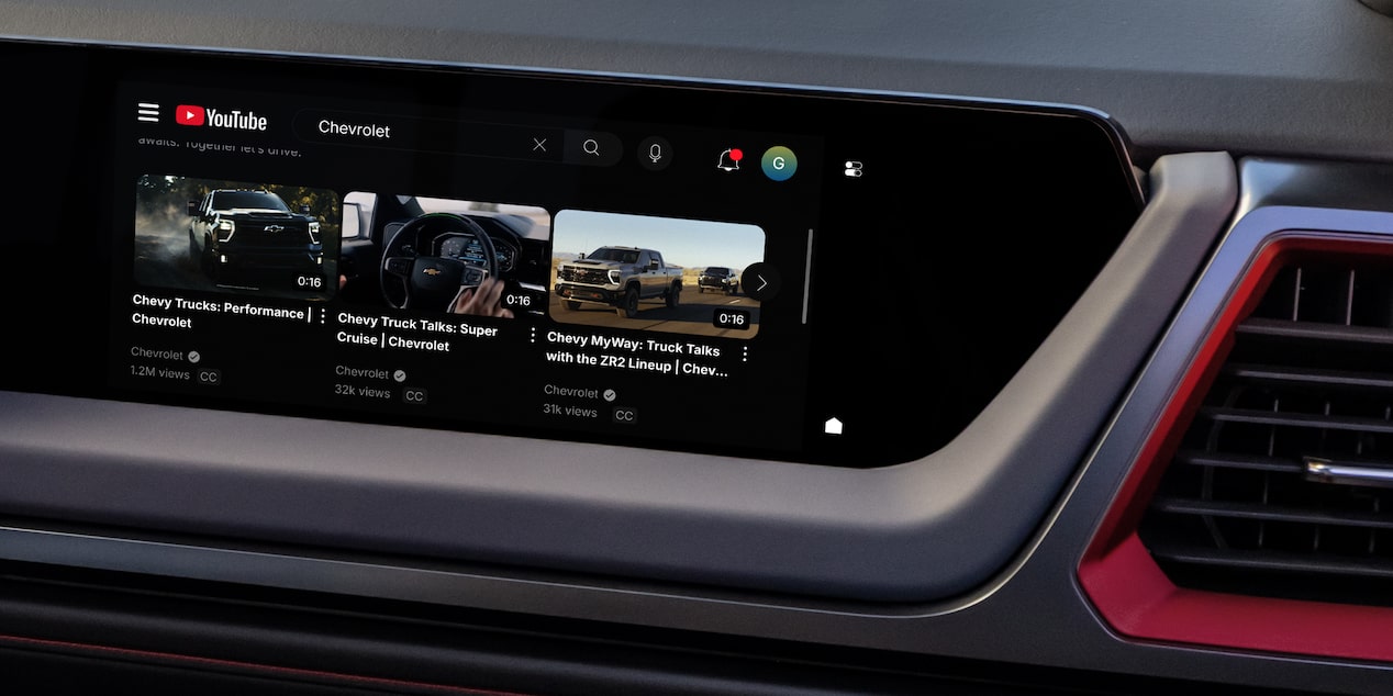Close-up of the 2027 Chevy Silverado 1500 Infotainment Screen Displaying the YouTube App Displaying Truck Videos