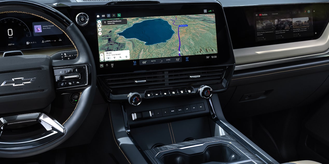 Close-up of the 2027 Chevy Silverado 1500 Infotainment Screen Displaying Navigation Being Used