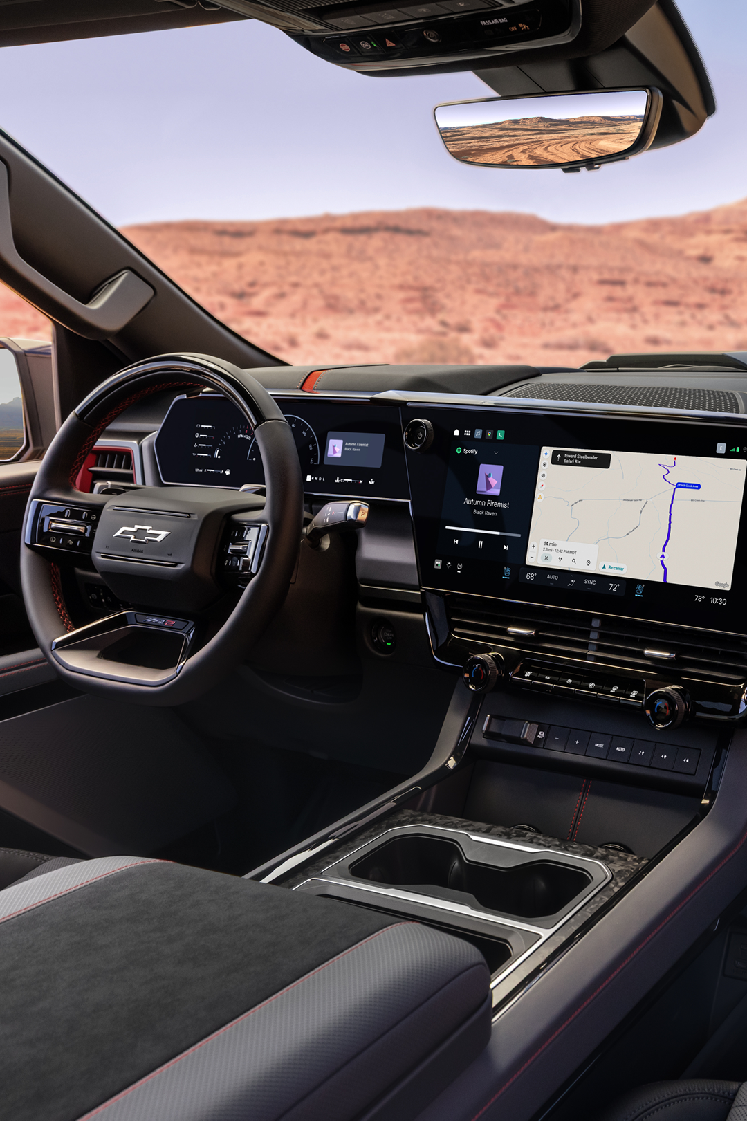 The 2027 Chevrolet Silverado 1500 Front Row Interior and Dashboard with Text Overlay Reading "Modern Looks. Major Tech."
