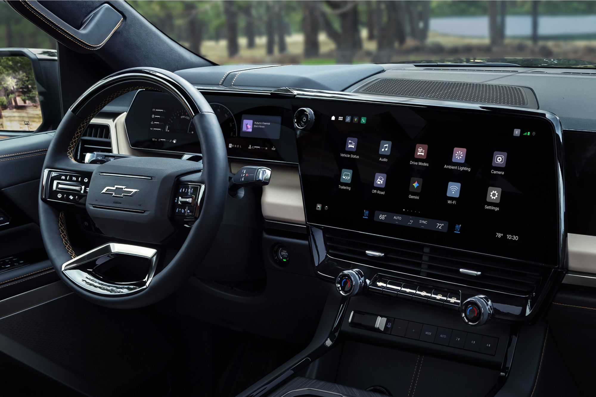 2027 Chevrolet Silverado 1500 steering wheel, digital gauges and large center touchscreen