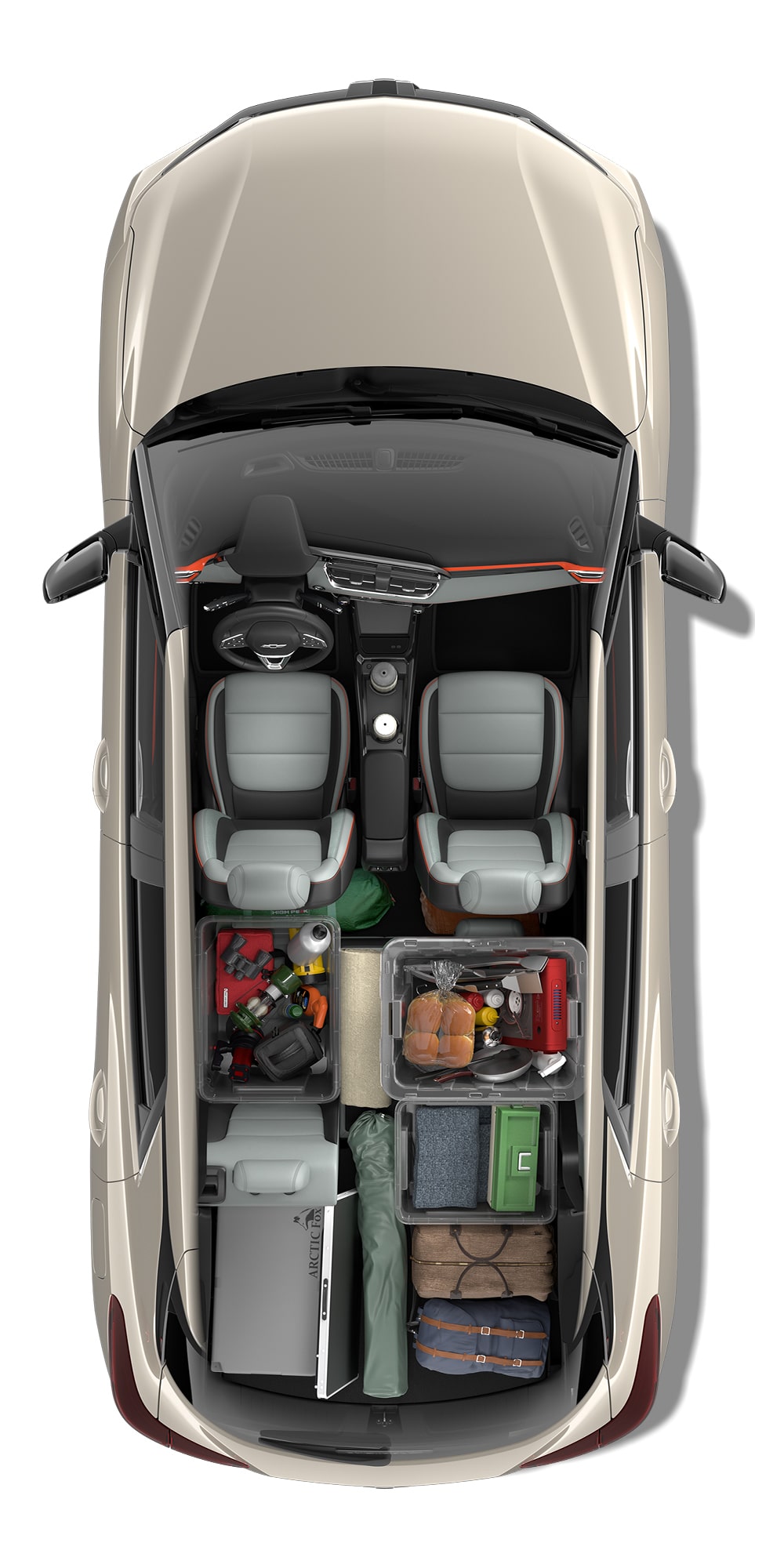 Vista total del interior de una Chevrolet Blazer EV Roja, en la que se muestran una bolsa de golf, un maletín y una chaqueta