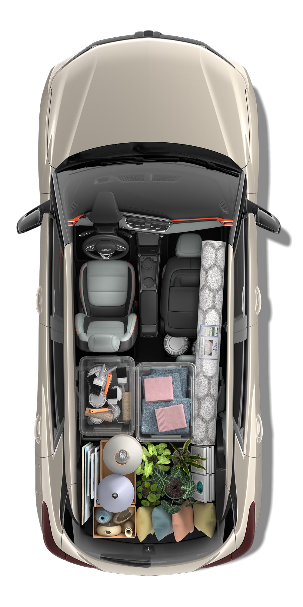 Vista total del interior de una Chevrolet Blazer EV Roja, con equipos de campamento, una hielera y cañas de pescar