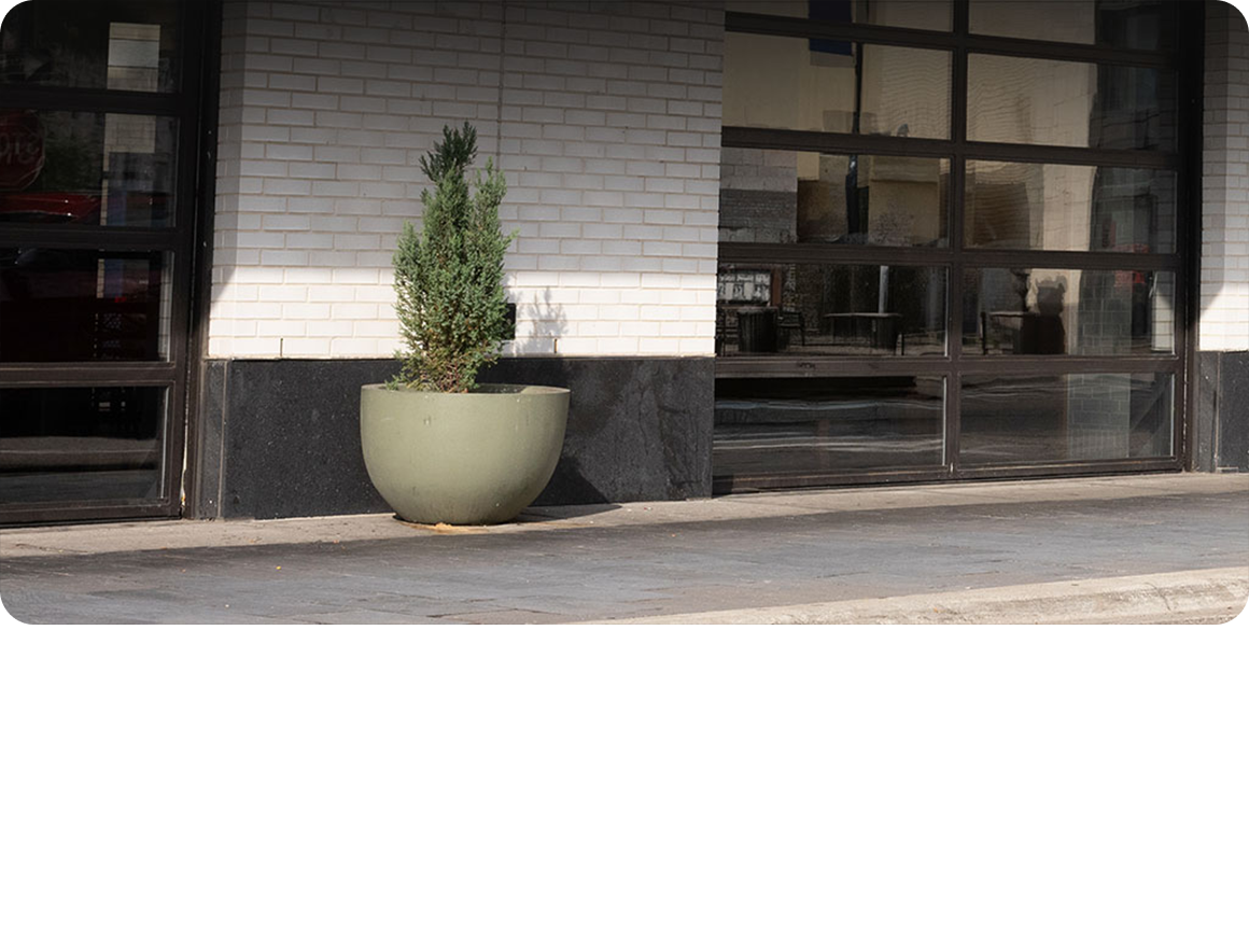 A Modern Building Entrance Featuring a Large White Planter With Green Foliage  Along a Sidewalk.