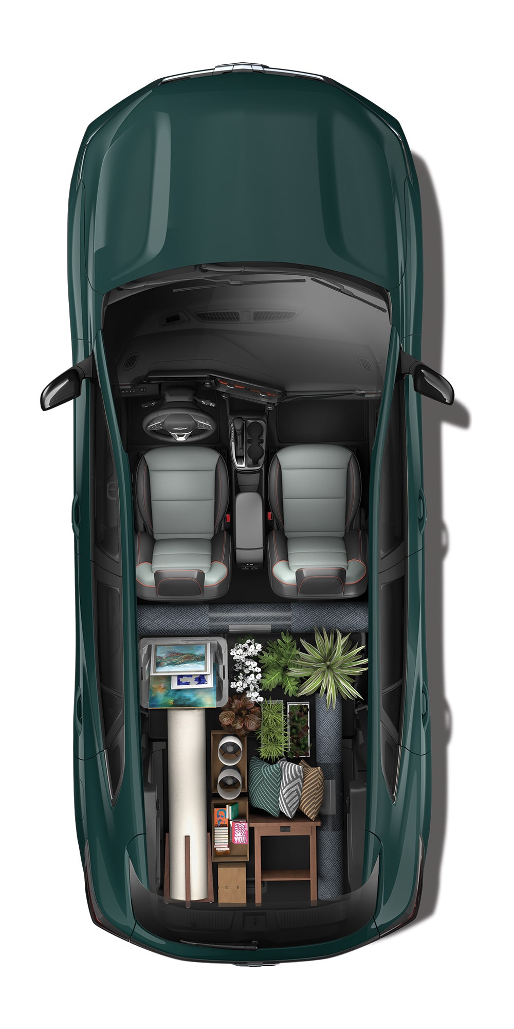 An Overhead View of a Chevy Trax Interior Loaded With Furniture, Storage Containers, Plants, and Household Items to Showcase Cargo Space.