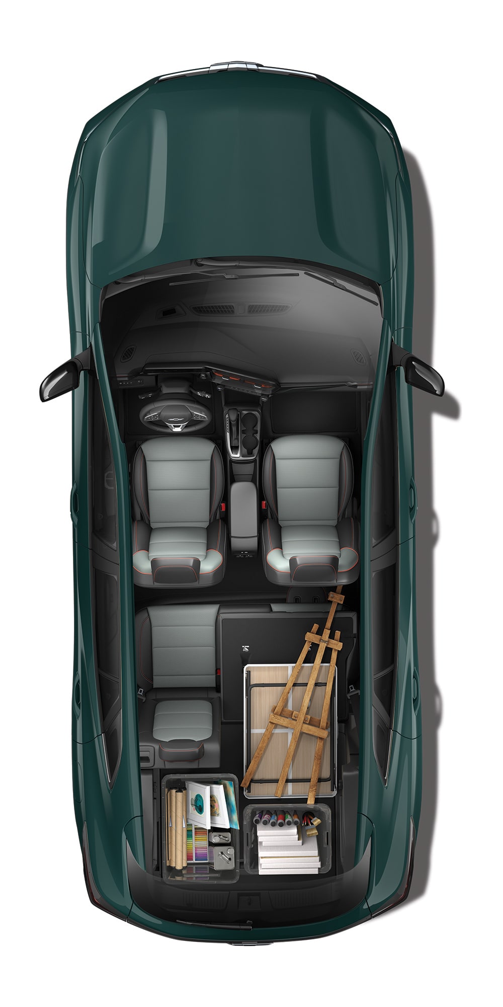 An Overhead View of a Chevy Trax Interior With Lumber and Cargo Loaded Behind the Front Seats to Demonstrate Available Storage Capacity.