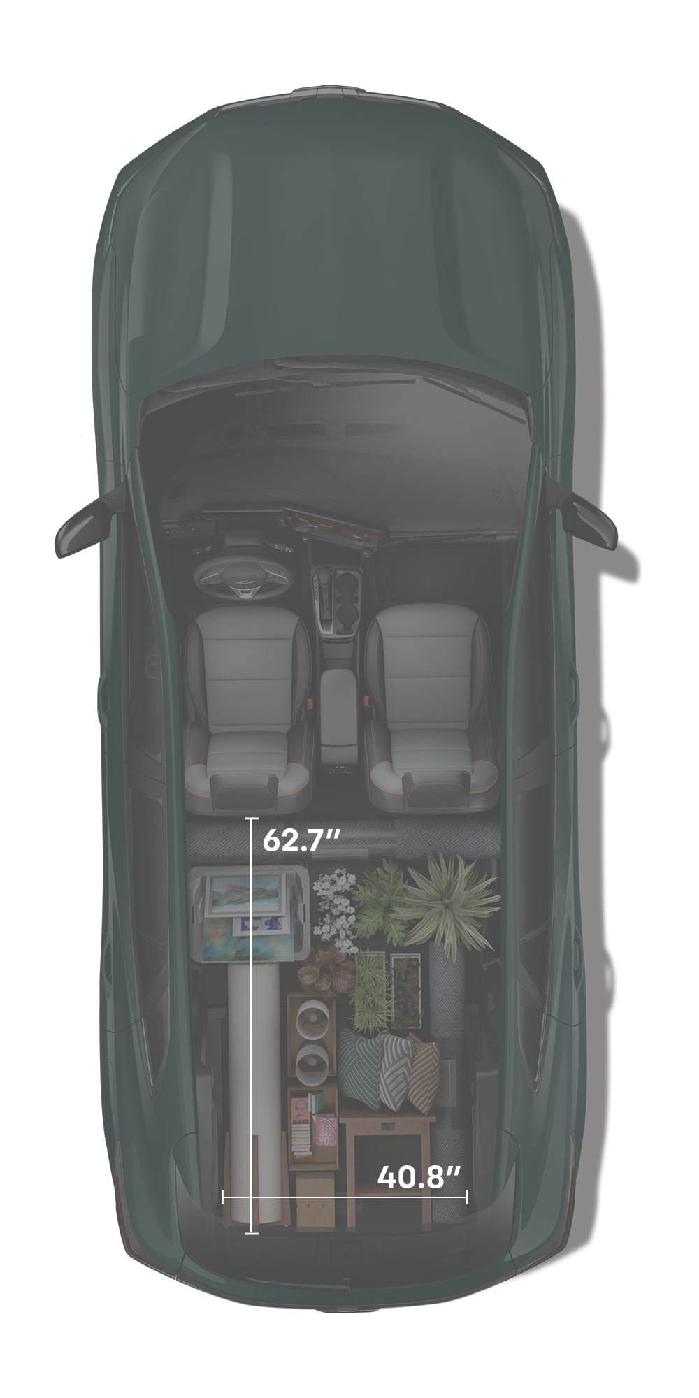 An Overhead View of a Chevy Trax Interior Loaded With Furniture, Storage Containers, and Household Items to Demonstrate Available Cargo Capacity.