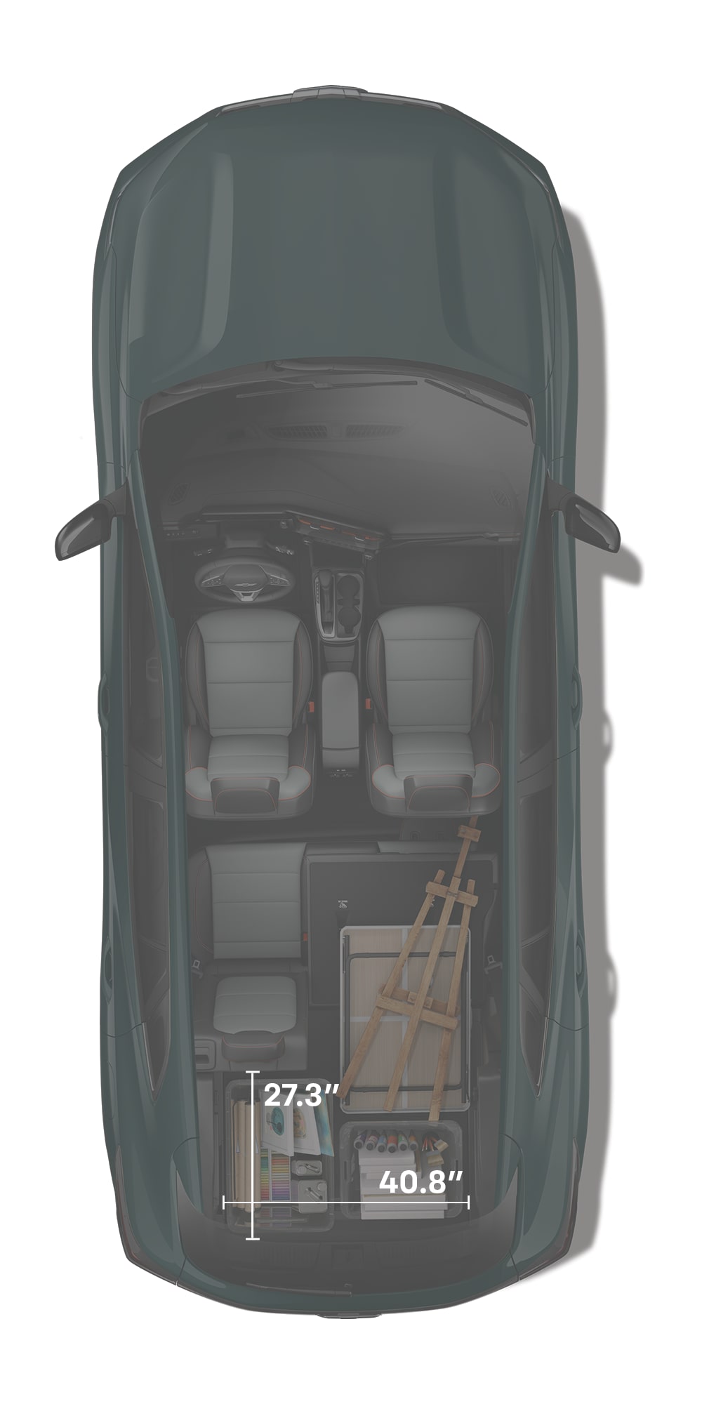 An Overhead Interior View of a Chevy Trax Showing Cargo Items Loaded Behind the Front Seats With Rear Storage Capacity Highlighted.