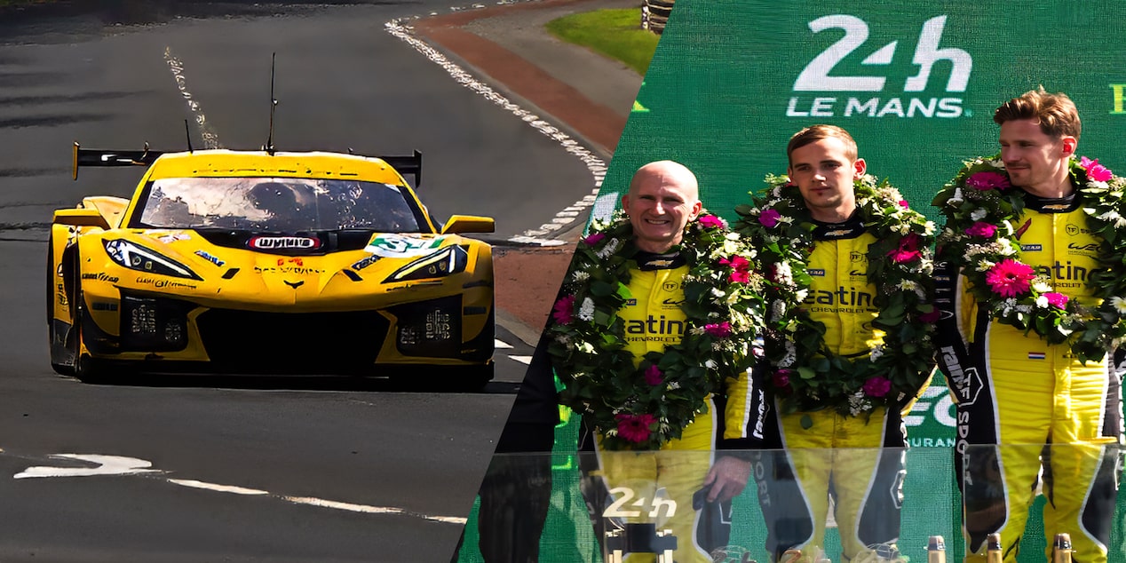 Split image of Chevy Corvette G06 GT3.R on the race and image of winners Nicky Catsburg, Johnny Edgar and Ben Keating standing
