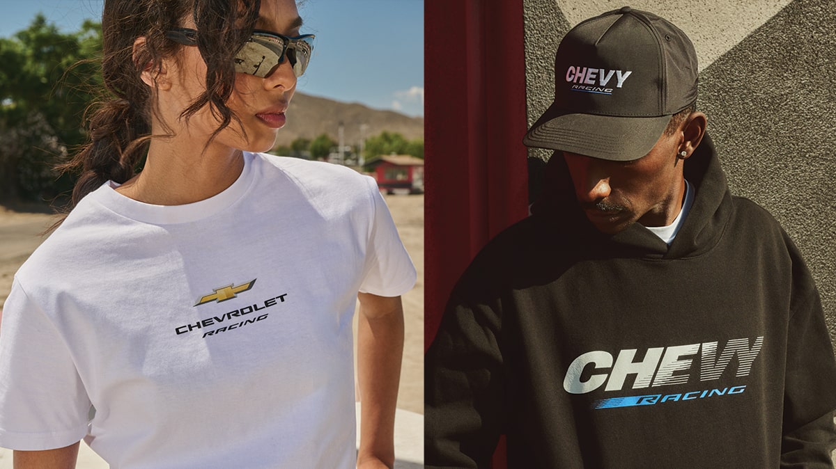 Woman on the left and man on the right wearing Chevy Racing Merchandise