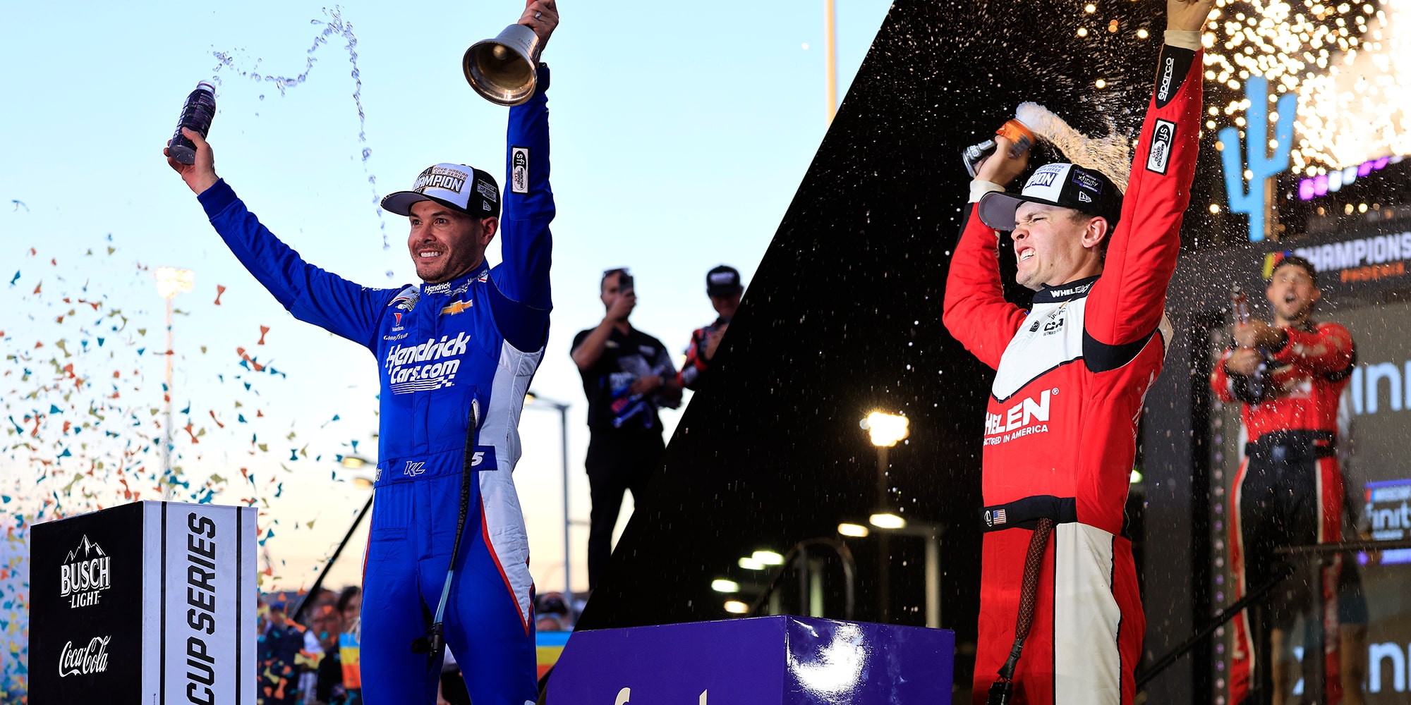 Two Race Car Drivers Standing on a Winner’s Podium Spraying Champagne While Confetti Falls, One Wearing a Blue NAPA Auto Parts Fire Suit and the Other in a Red Rheem Fire Suit.