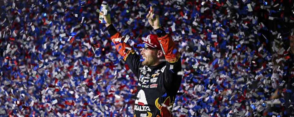 Chevy Race Car Driver Raising His Hands in the Air After Winning the 2025 Daytona 500