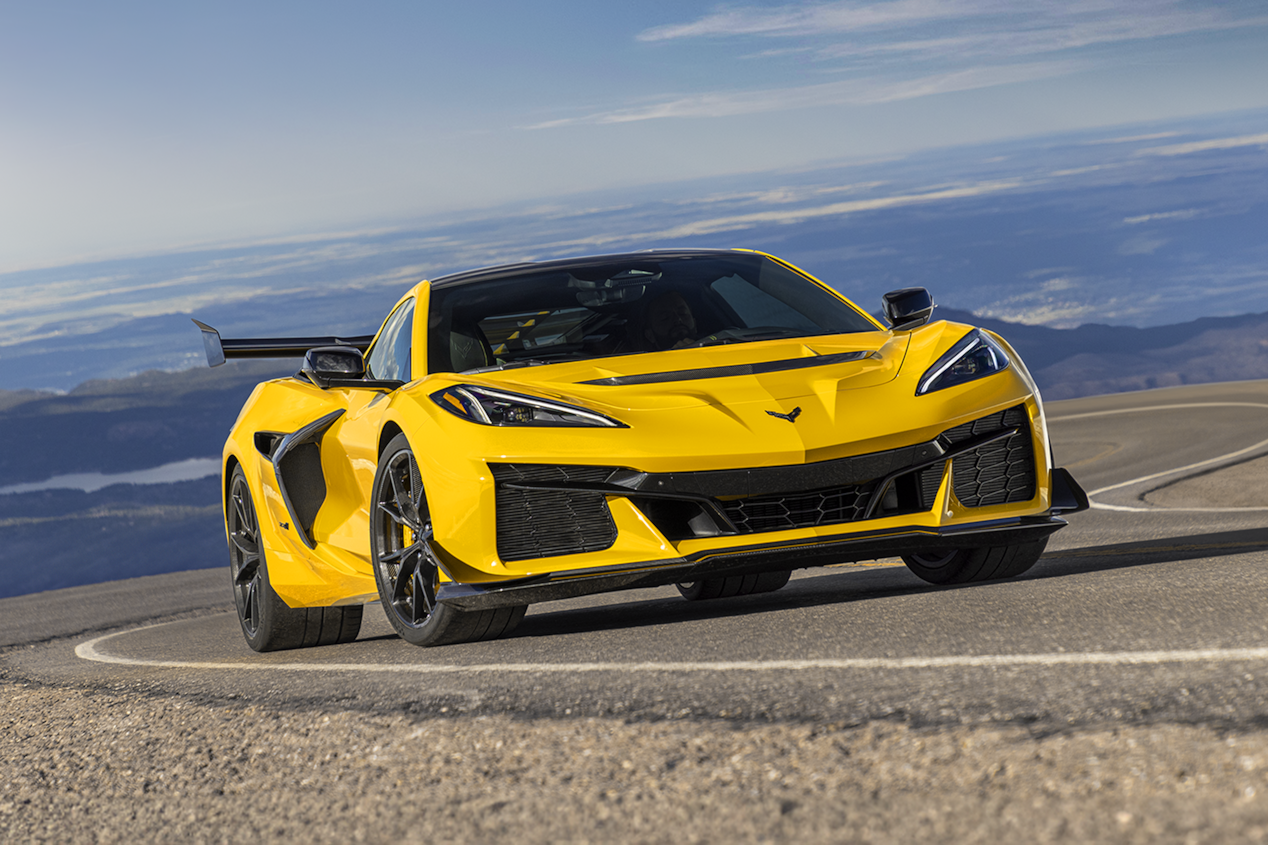 Birds Eye View of the 2025 Chevy Corvette ZR1 Driving Down a Road on a Sunny Day