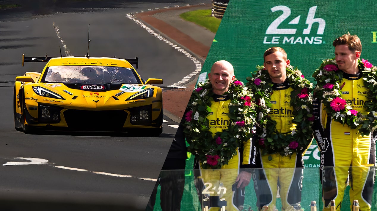 Split image of Chevy Corvette G06 GT3.R on the race and image of winners Nicky Catsburg, Johnny Edgar and Ben Keating standing