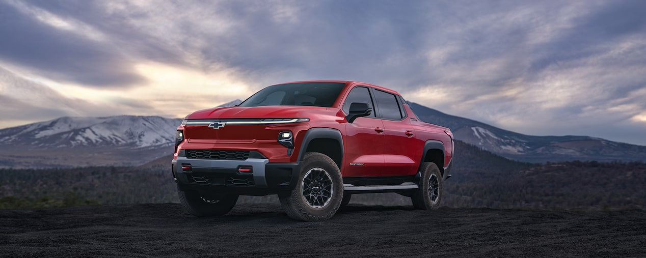 Front 3/4 Shot of Silverado EV Driving on Remote Road