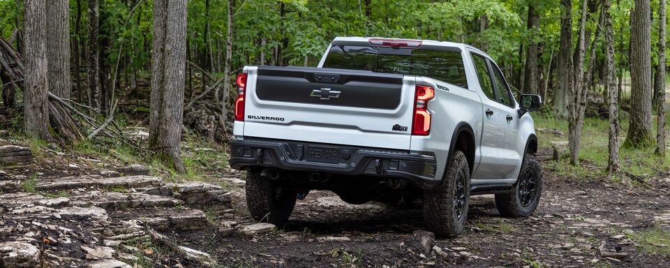 2023 Silverado ZR2 Bison Rear 3/4 Shot in Woods