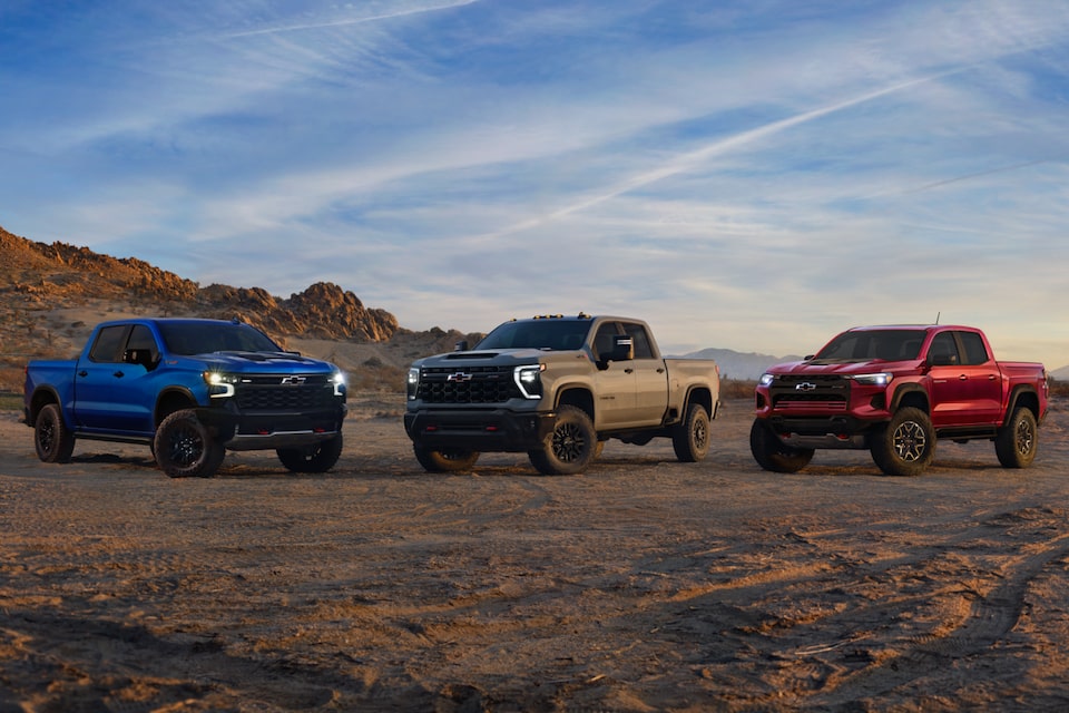 Pack Shot of Silverado ZR2, Silverado HD ZR2, and Colorado ZR2 in Desert