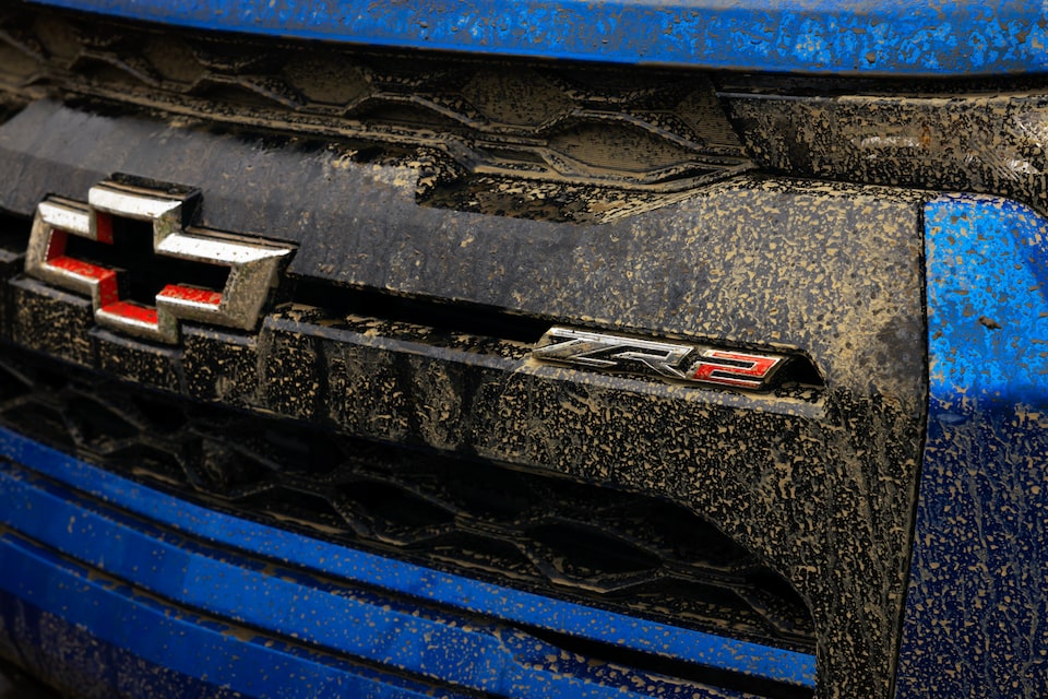 Close-Up of Blue ZR2's Grille and Badging