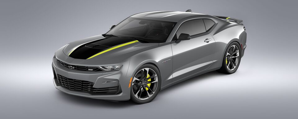 Grey Camaro with accented black and yellow hood on display