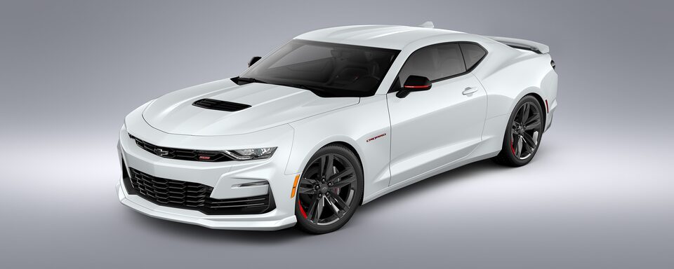 White Camaro with black spoiler sits on display