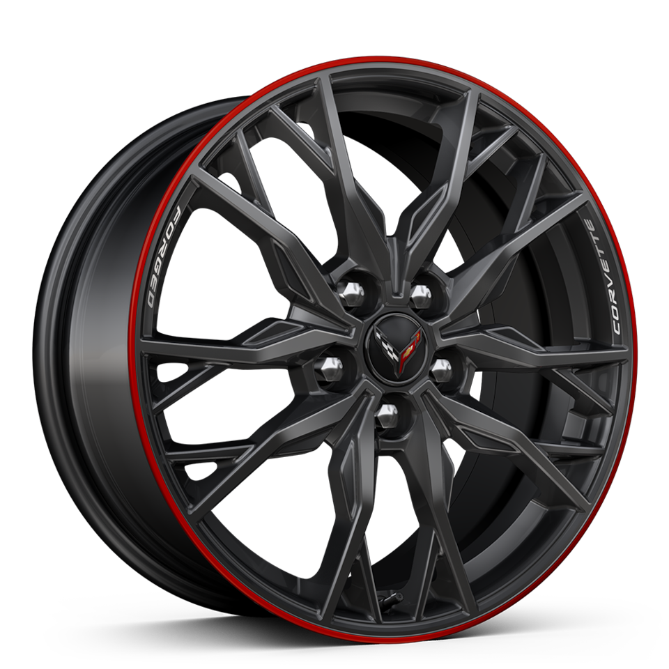 Carbon flash-painted forged-aluminum wheels with red stripe