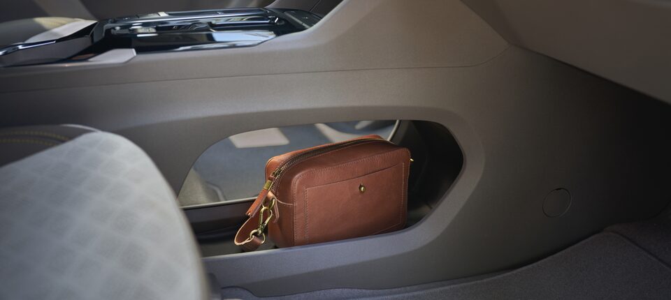 Brown Leather Handbag in Under Console Storage Area of 2023 Bolt EUV