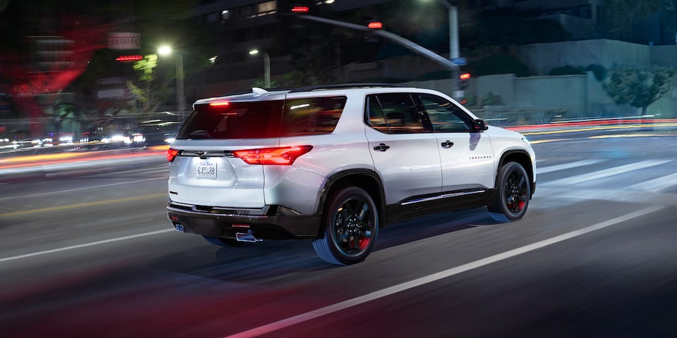 2023 Chevrolet Traverse Mid Size SUV in Redline Edition at Night