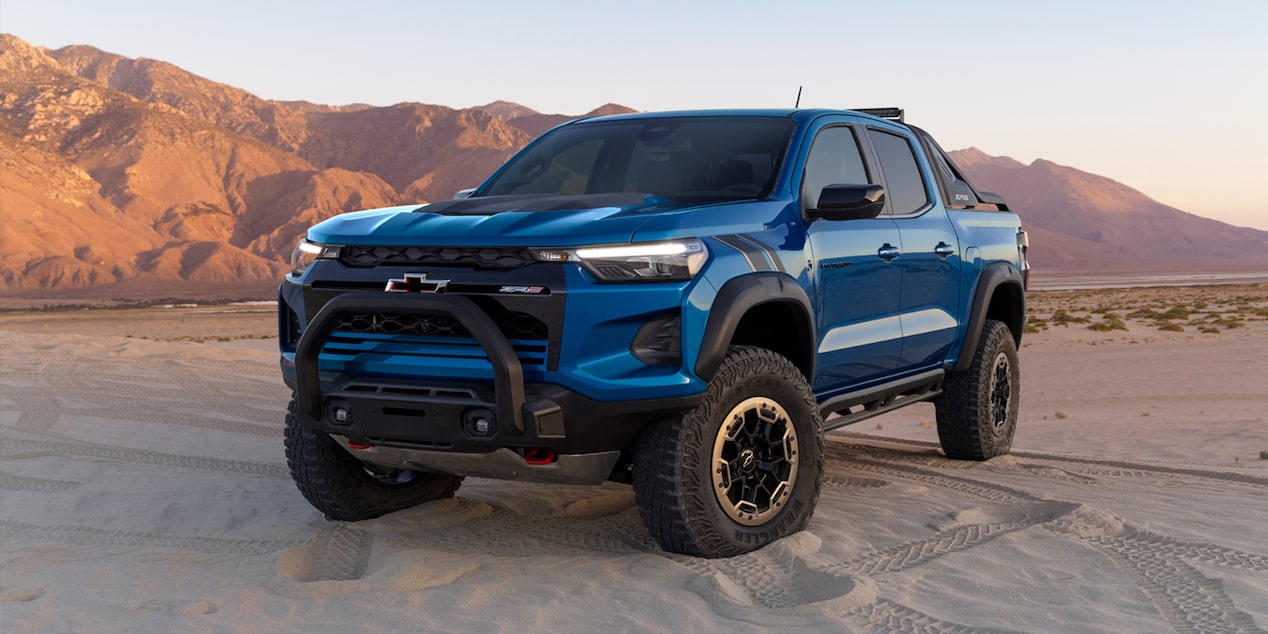 2023 Chevrolet Colorado in blue, with a desert background