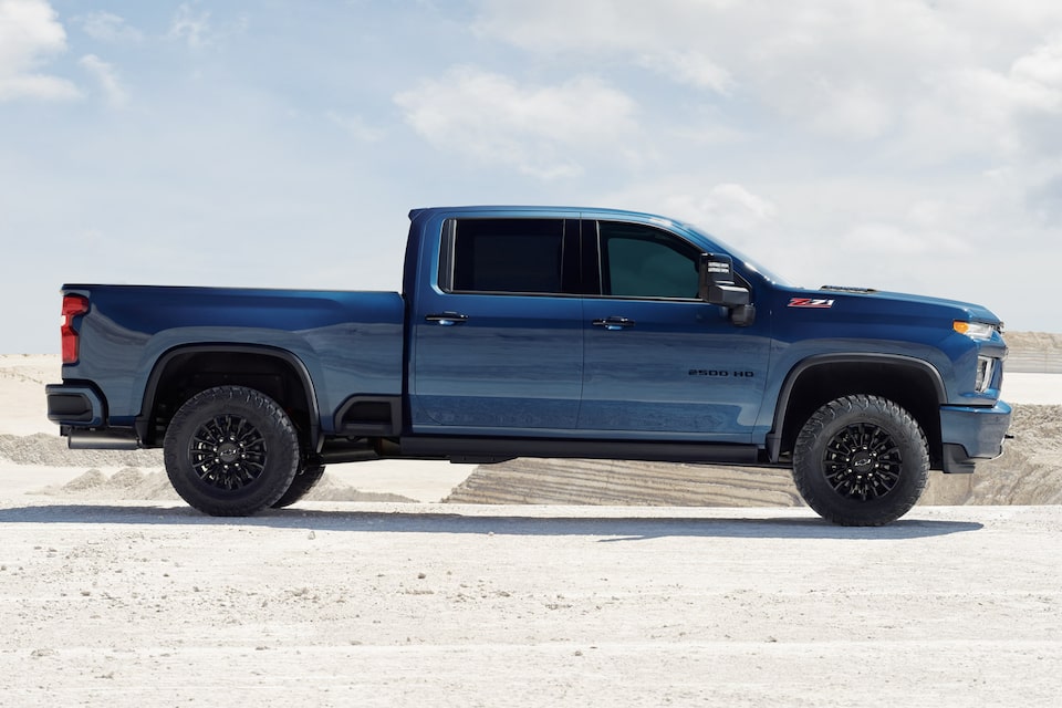 NorthSky Blue Metallic Chevy Silverado HD Displayed on A Sunny Day