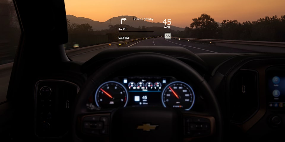 Head-up Display on the New Chevy Silverado HD while Driving During Sunset