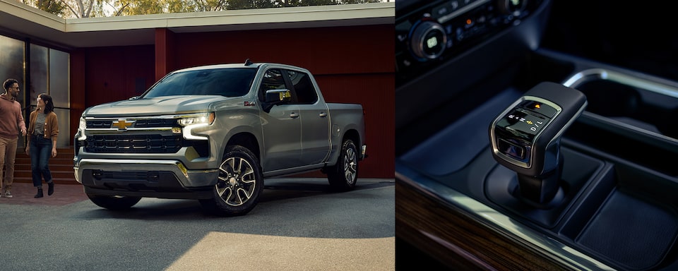The Silverado LT Parked in Front of a Modern Home Along Side Its Electronic Transmission Range Selector