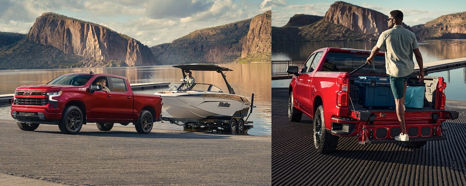 The Red Hot Silverado Leaving the Lake Towing a Boat Along Side a Man Using the MultiFlex Tailgate