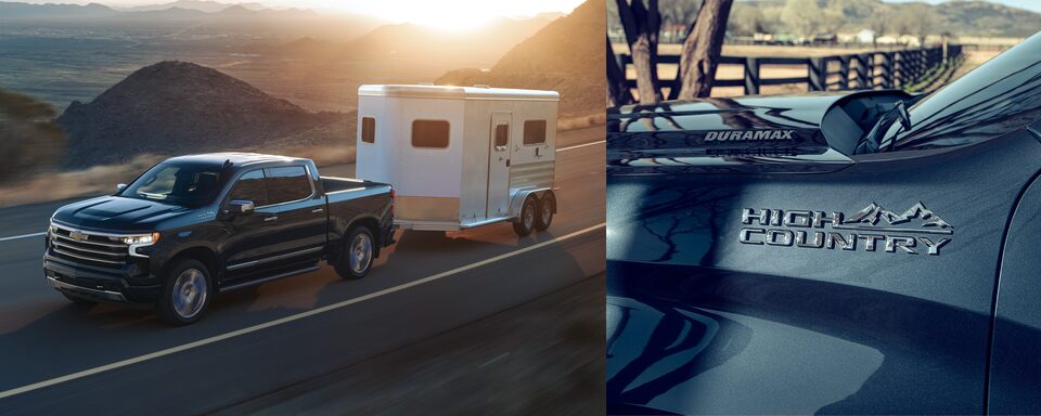 The Silverado Towing a Trailer on an Open Road Along Side the Sleek Interior High Country Badging